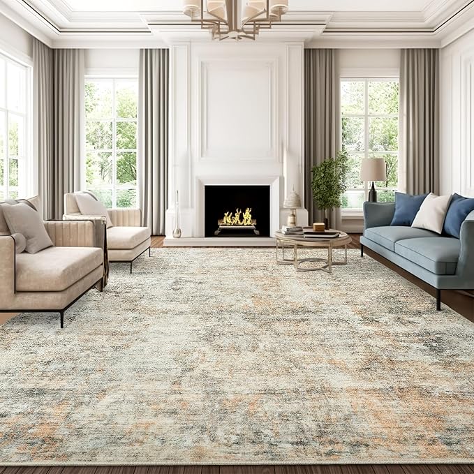 Soalmost Abstract Rug 8x10 Large Living Room Rugs Washable Orange/Brown |