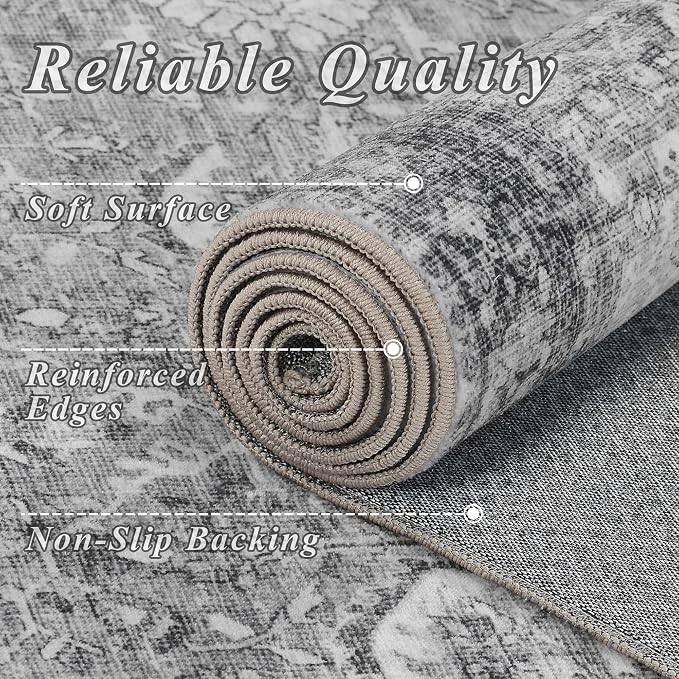 Schweek Grey 5x7 Area Rug for Living Room Washable Vintage Neutral Rugs | Non