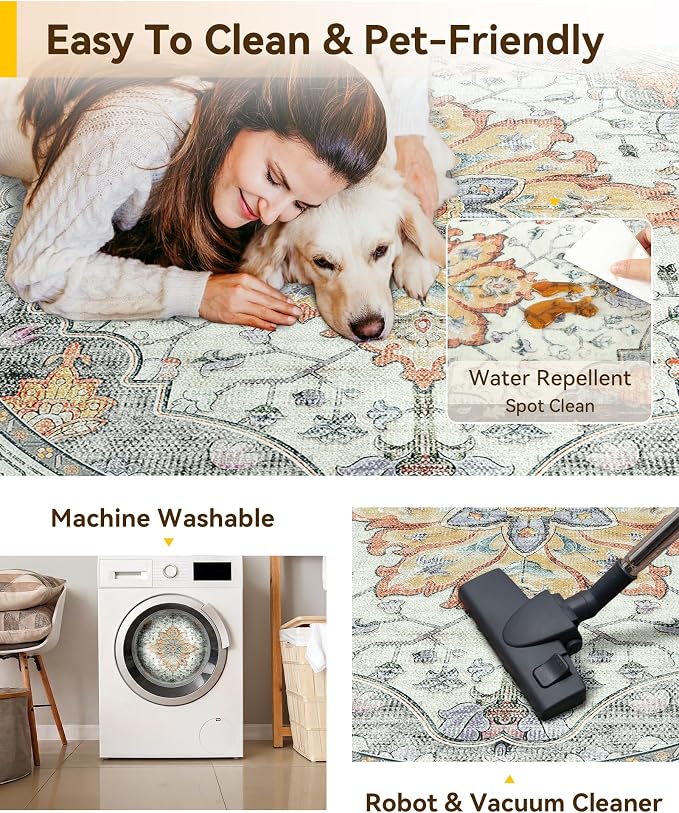 RELEANY Washable Area Rug, Round 8ft, Water Repellent, Pet Friendly, Vintage