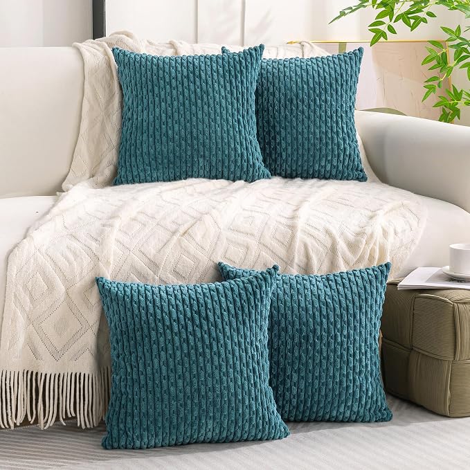 Set of 4 Teal Decorative Throw Pillow Covers 24x24 Inch Corduroy Pillow Covers