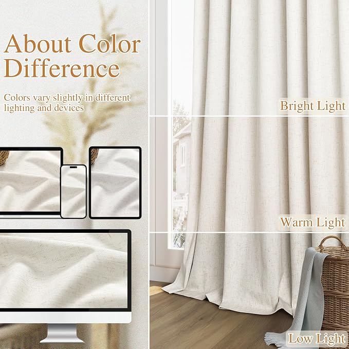100% Blackout Linen Curtains for Bedroom 90 Inches Long Natural Cream Black Out