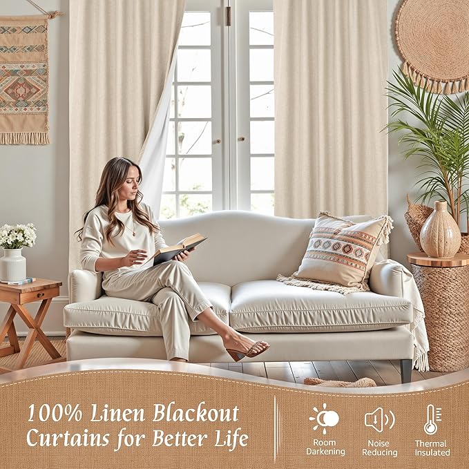 100% Blackout Linen Curtains 63 Inches 2 Panels