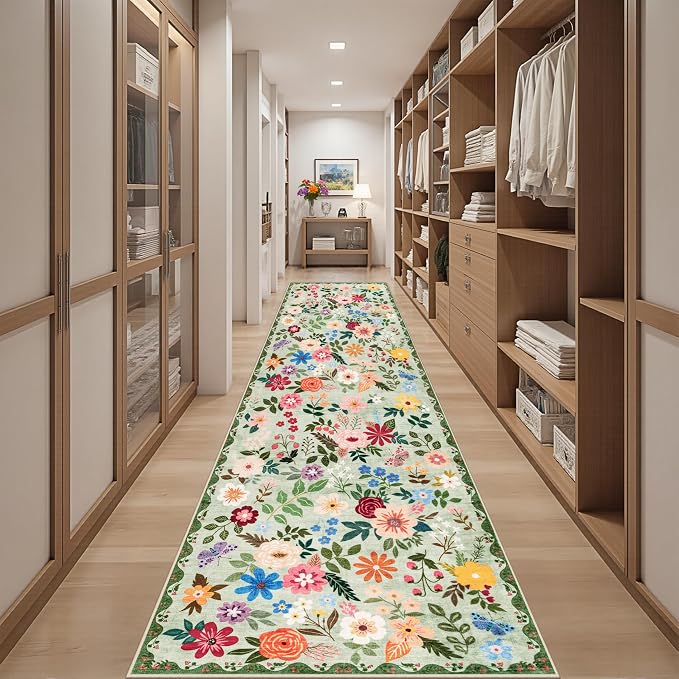 PLHXFR 2.6x14 Washable Runner Rug：Floral Indoor Kitchen Soft Carpet Green |