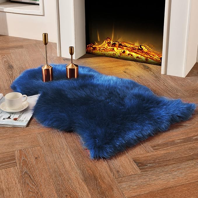 Navy Blue Faux Sheepskin Throw Rug 2x3 ft, Small Fluffy Fur Chair Cover | Shag