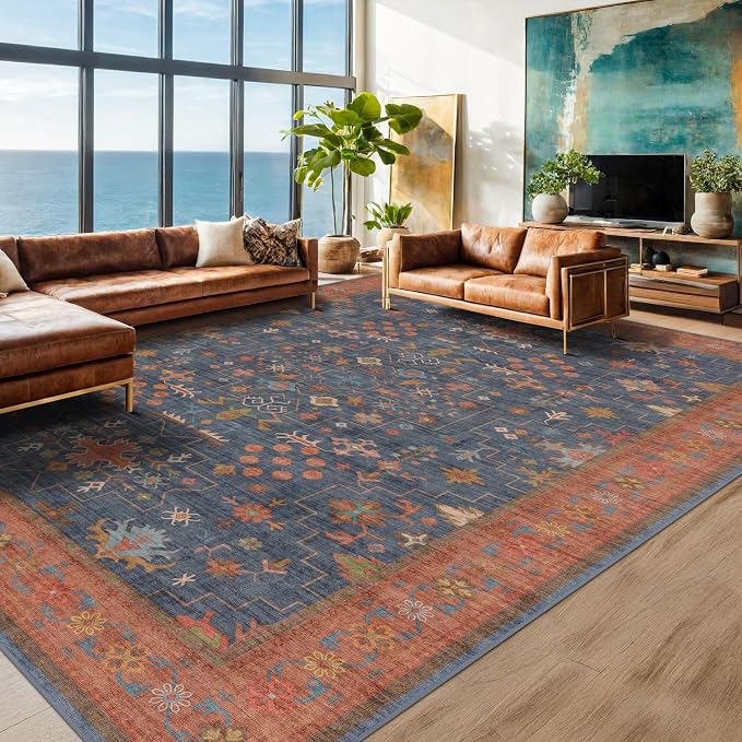 Washable Navy Blue Living Room Rug, 8x10 Area Rug