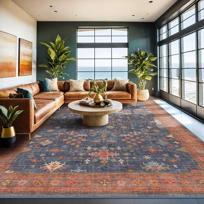 Washable Navy Blue Living Room Rug, 8x10 Area Rug