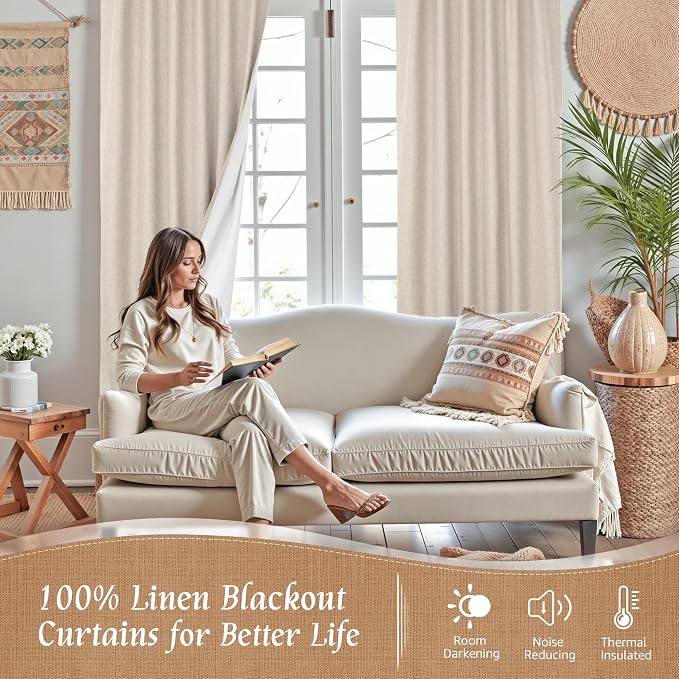 100% Blackout Linen Kitchen Window Curtains 36 Inches 2 Panels | Oatmeal