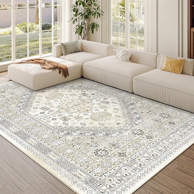7x9 Area Rugs for Living Room, Large Washable Rug, Dining Room, Low Pile