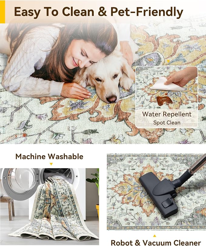 RELEANY Washable Area Rug, Water Repellent, Pet Friendly, Vintage Floral Boho