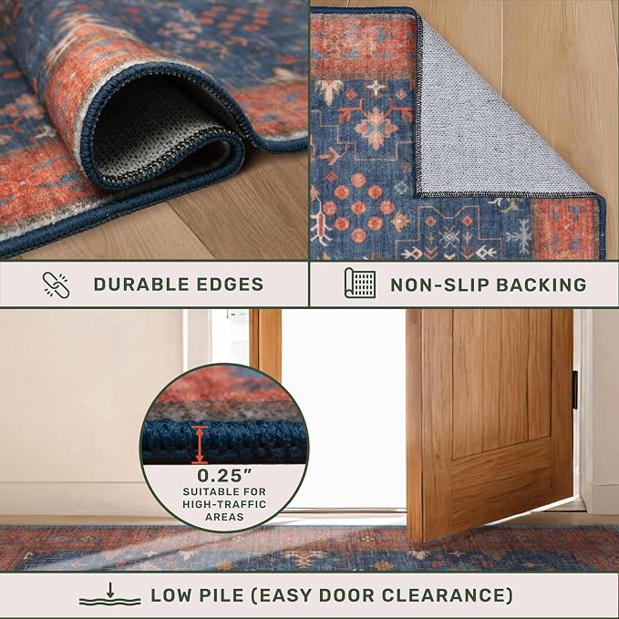 Washable Navy Blue Living Room Rug, 8x10 Area Rug