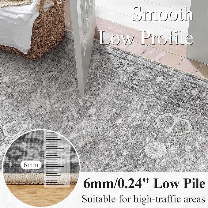 Schweek Grey 5x7 Area Rug for Living Room Washable Vintage Neutral Rugs | Non