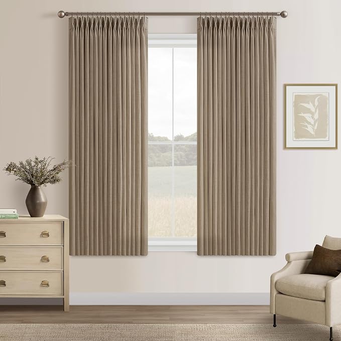 Thick Linen Pinch Pleat Dark Brown Semi Sheer Privacy Curtains 63 Inch Long |