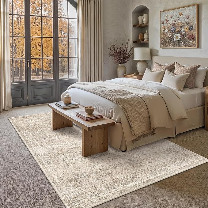 Schweek 6x9 Beige Area Rug Washable Neutral Distressed Rugs