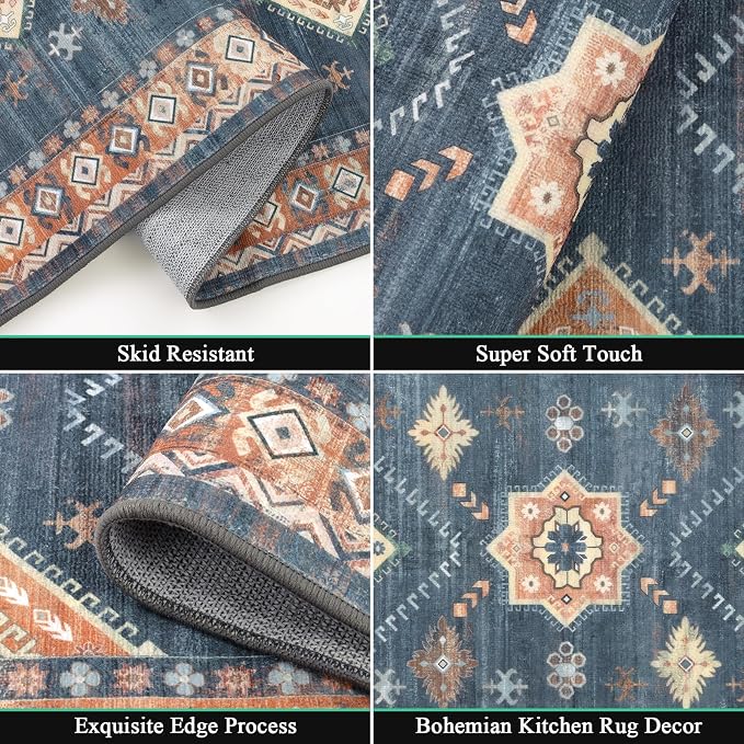 HEBE Boho Kitchen Rugs Set of 3, Non Slip Washable Kitchen Mats