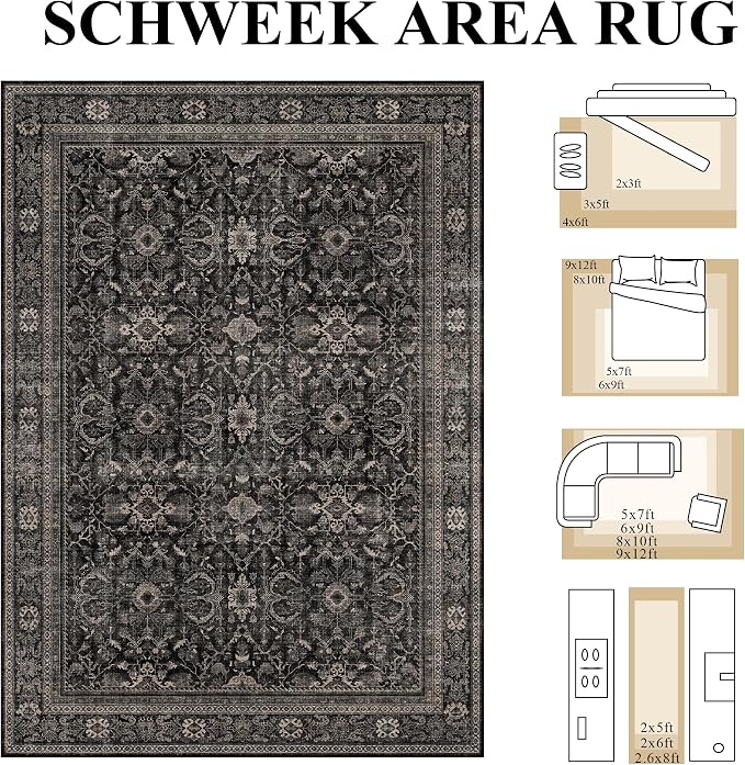 Schweek 2x5 Runner Rug Washable Vintage Non Slip Black Floral Hallway Rugs |