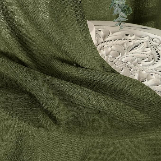 YoungsTex Olive Green Linen Semi Sheer Curtains 80 Inch Length 2 Panels | Light
