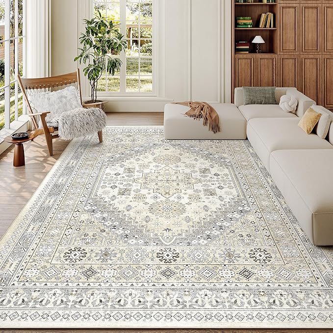 7x9 Area Rugs for Living Room, Large Washable Rug, Dining Room, Low Pile