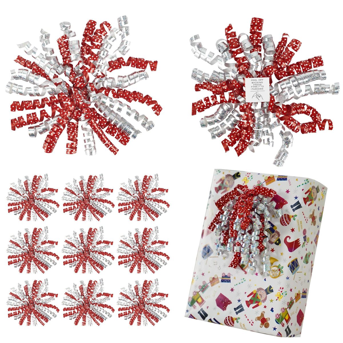 LiBongTa 12 PCs Bows 5" Silver and Red Bow Ornaments with White Dots