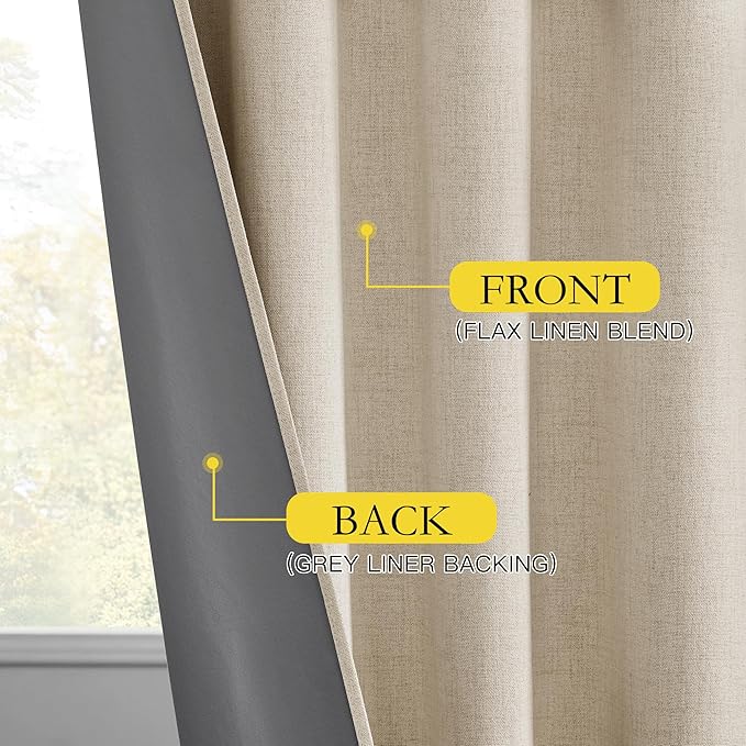 NICETOWN Cream 100% Blackout Linen Curtains 108 inch Long Burg