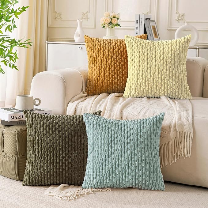 Set of 4 Pale Yellow Decorative Throw Pillow Covers 20x20 Inch Corduroy Pillow