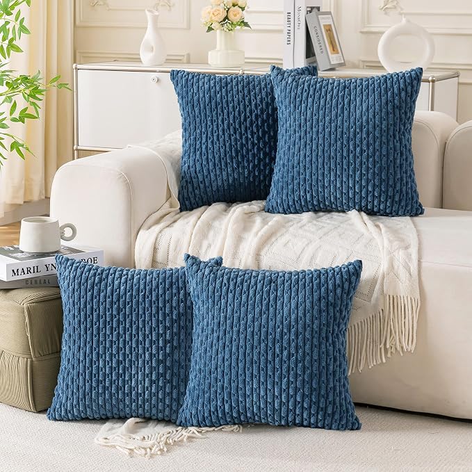 Set of 4 Blue Decorative Throw Pillow Covers 18x18 Inch Corduroy Pillow Covers