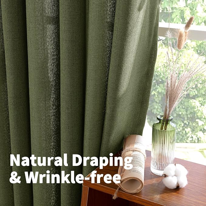 YoungsTex Olive Green Linen Semi Sheer Curtains 80 Inch Length 2 Panels | Light