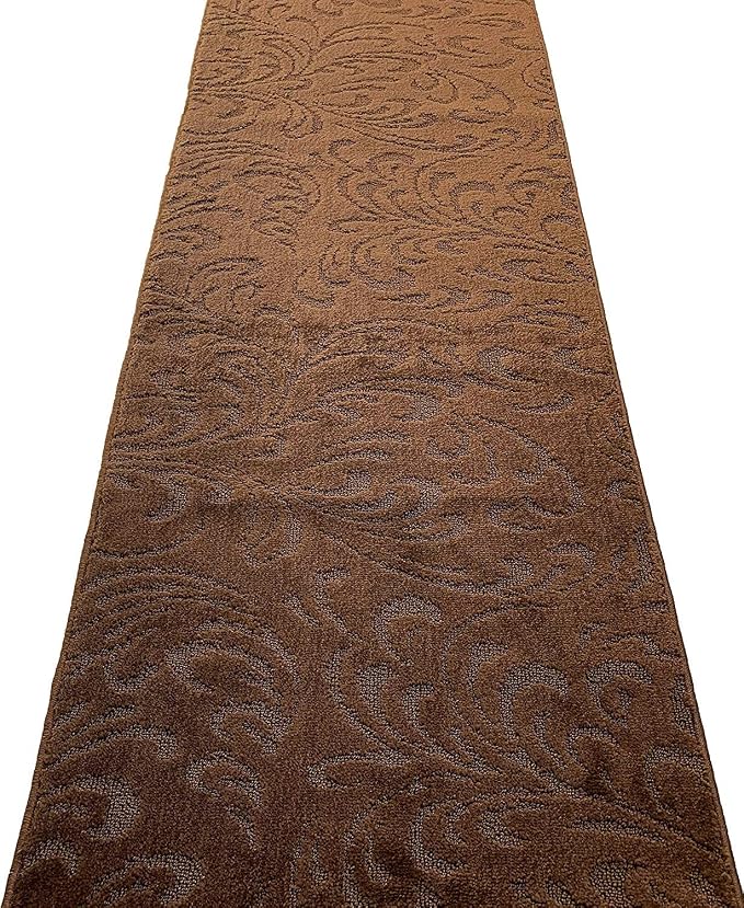 Custom Length Hallway Runner Rug, Slip Resistant, Floral Brown, 26 Inch X 3 feet