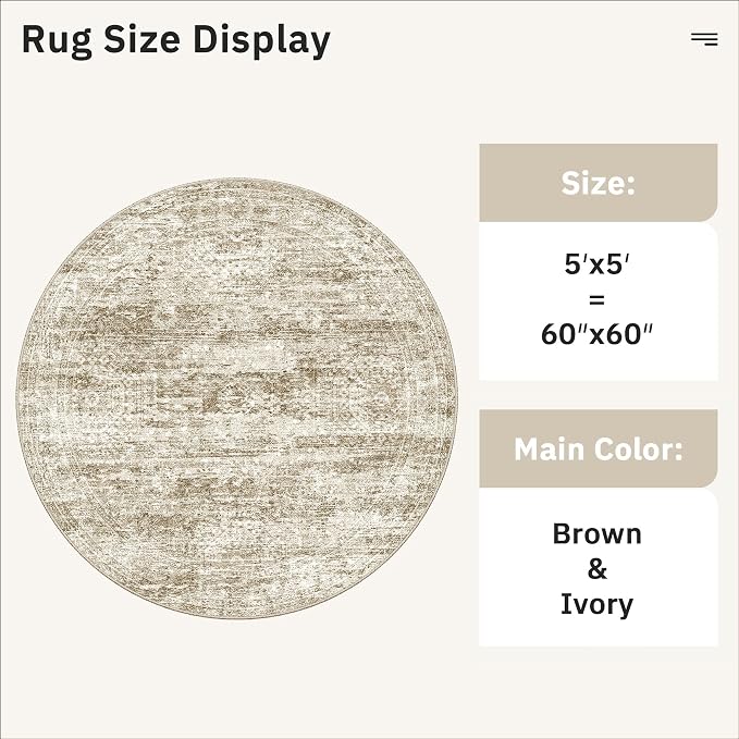 Soalmost 5x5 Brown Round Rug 6ft Circle Living Room Area Rugs Non-Slip |
