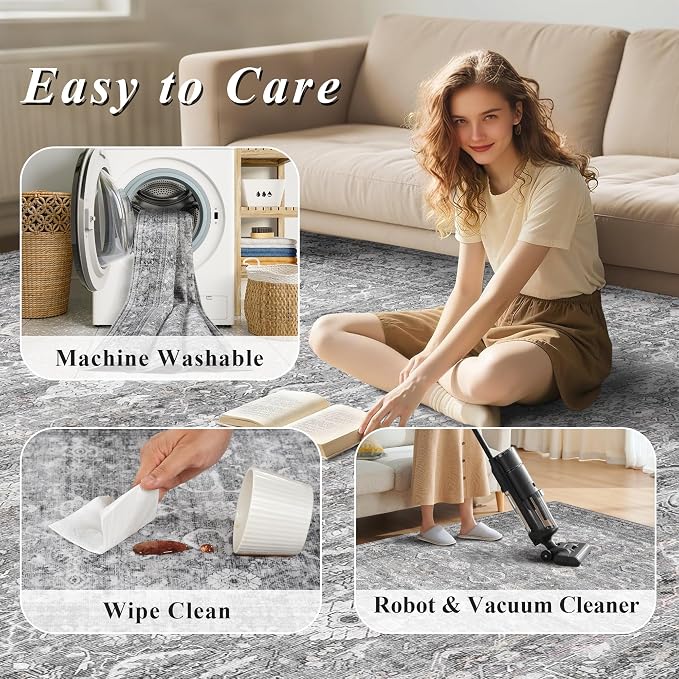 Schweek Grey 5x7 Area Rug for Living Room Washable Vintage Neutral Rugs | Non
