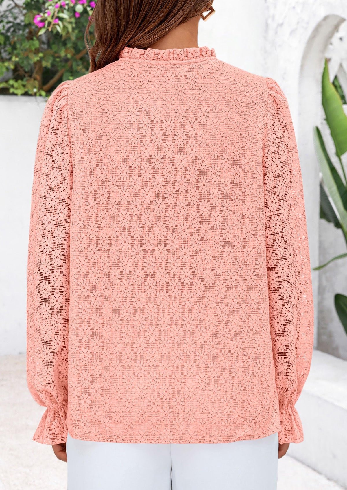PRETTYGARDEN Women's Pink Eyelet Lace Blouse, Medium