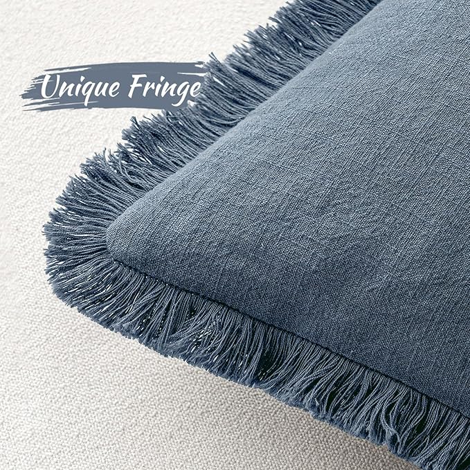 MIULEE Linen Fringe Decorative Euro Throw Pillow Covers Blue Ashes 28x28 | Set
