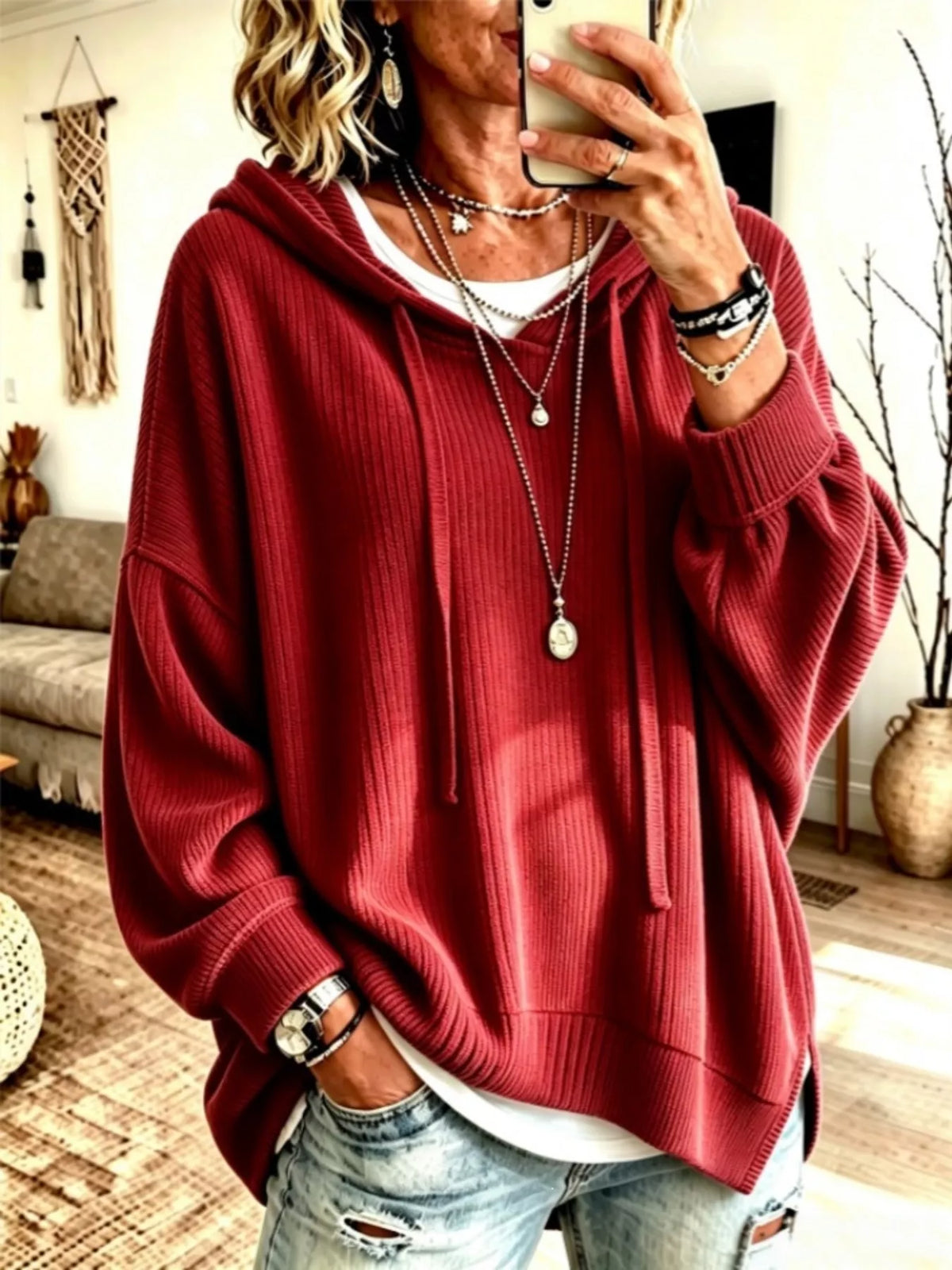 Drawstring Ribbed Knit Hoodie