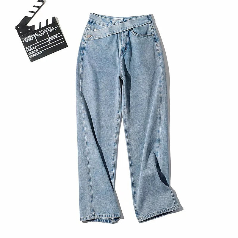 Oblique Belt High Waist Mopping Denim Wide Leg Pants