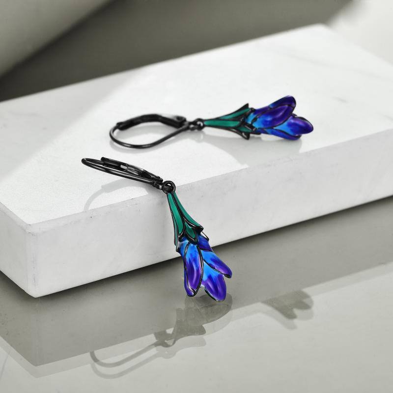 Sterling Silver Purple Tulip Flower Dangle Handmade Dangle Drop Earrings