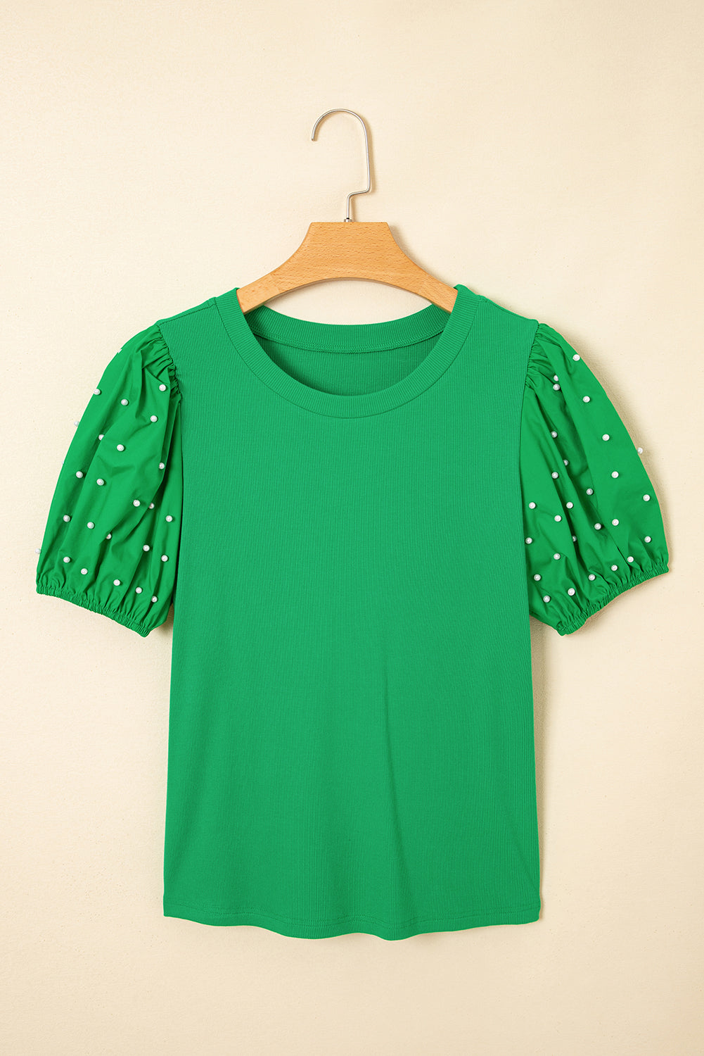 Ribbed Pearl Beaded Puff Sleeve Top