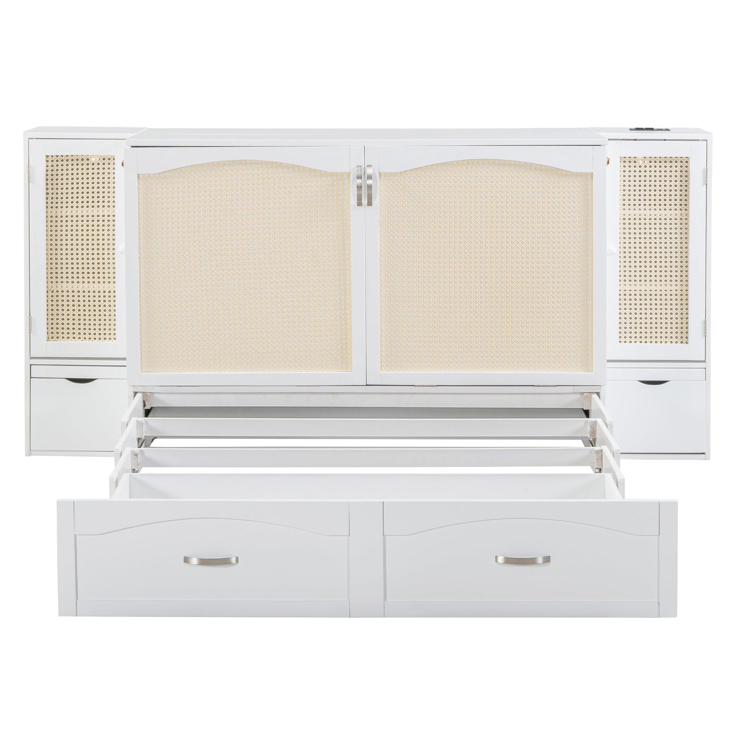 Large Murphy bed wall mounted bed with drawers, 2 storage cabinets, 1 set of sockets and USB ports, white