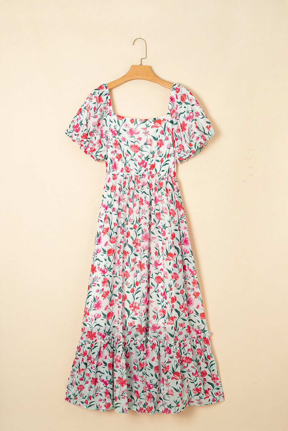 Floral Puff Sleeve Square Neck Tiered Dress