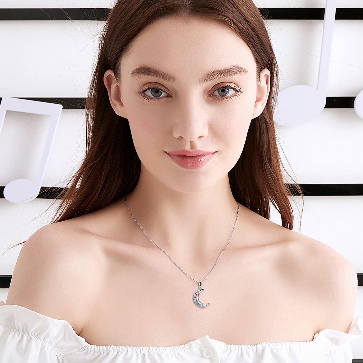 Sterling Silver Moon Necklace Crescent Moon Pendant with Crystals