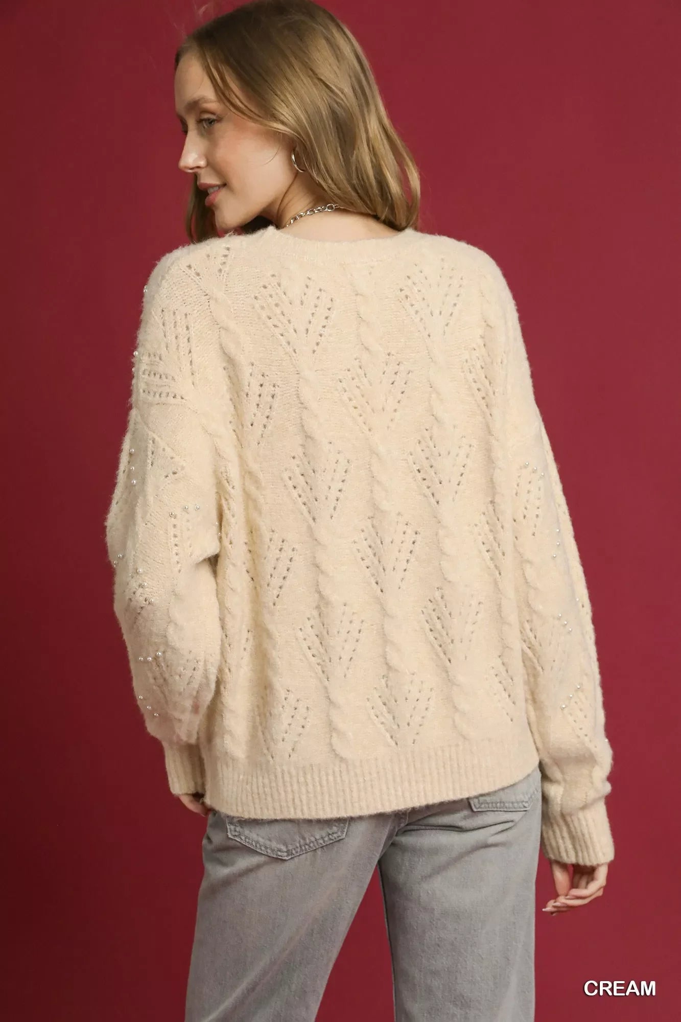 Umgee Pearl-Embellished Long Sleeve Sweater
