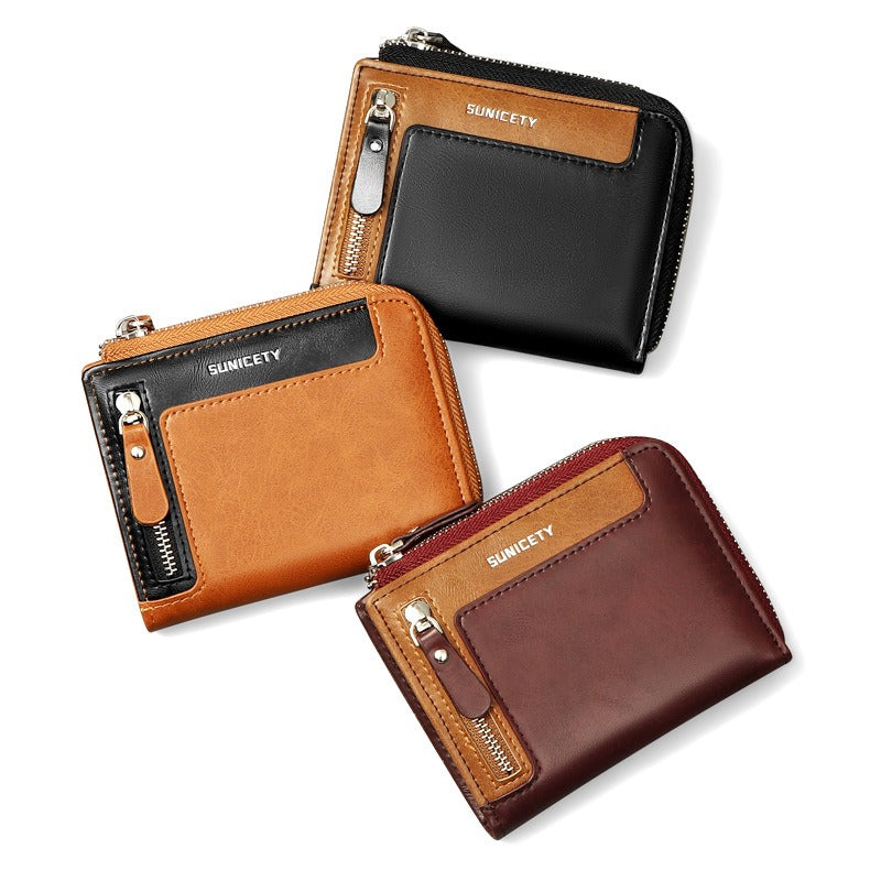 Wallet Men's Fashionable Leather Zipper Leather Bag RFID Multi Card Function ID Card Bag