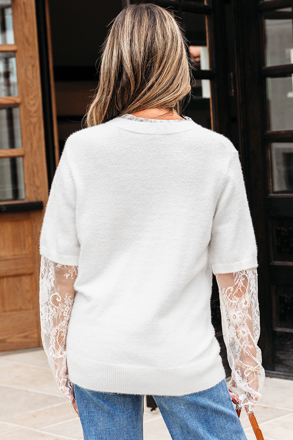 Lace Patchwork Sleeve Faux Two-Piece Fuzzy Sweater