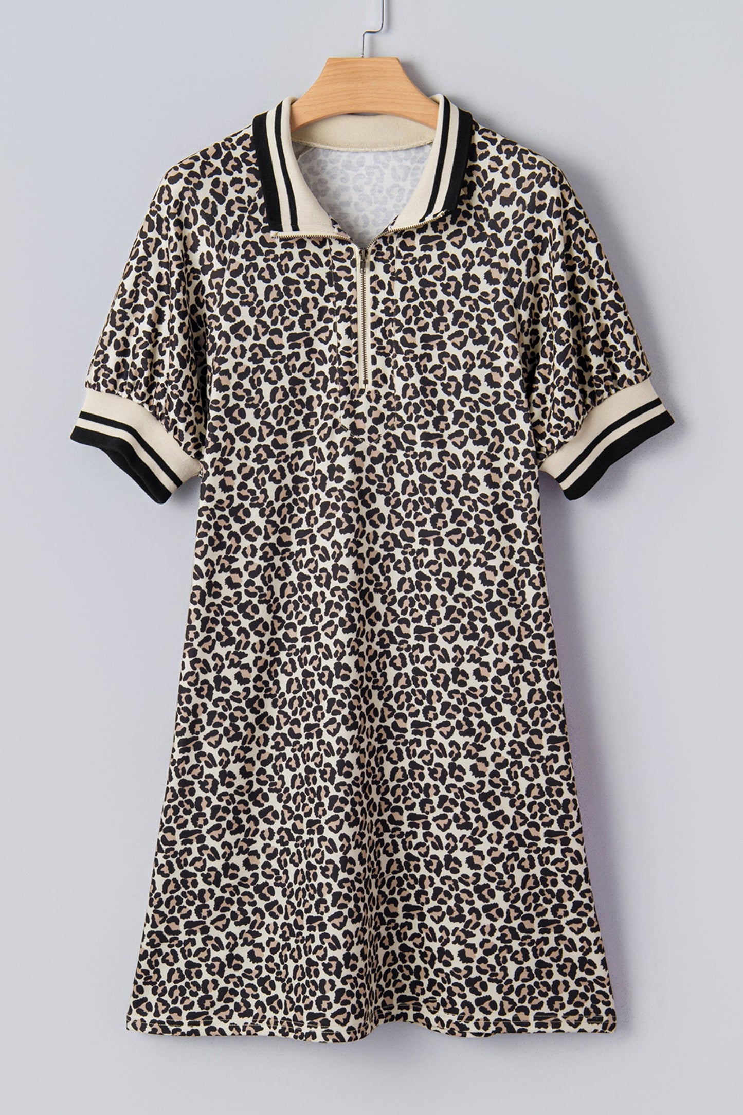 Leopard Stripe Patchwork Zip Collar Mini Dress