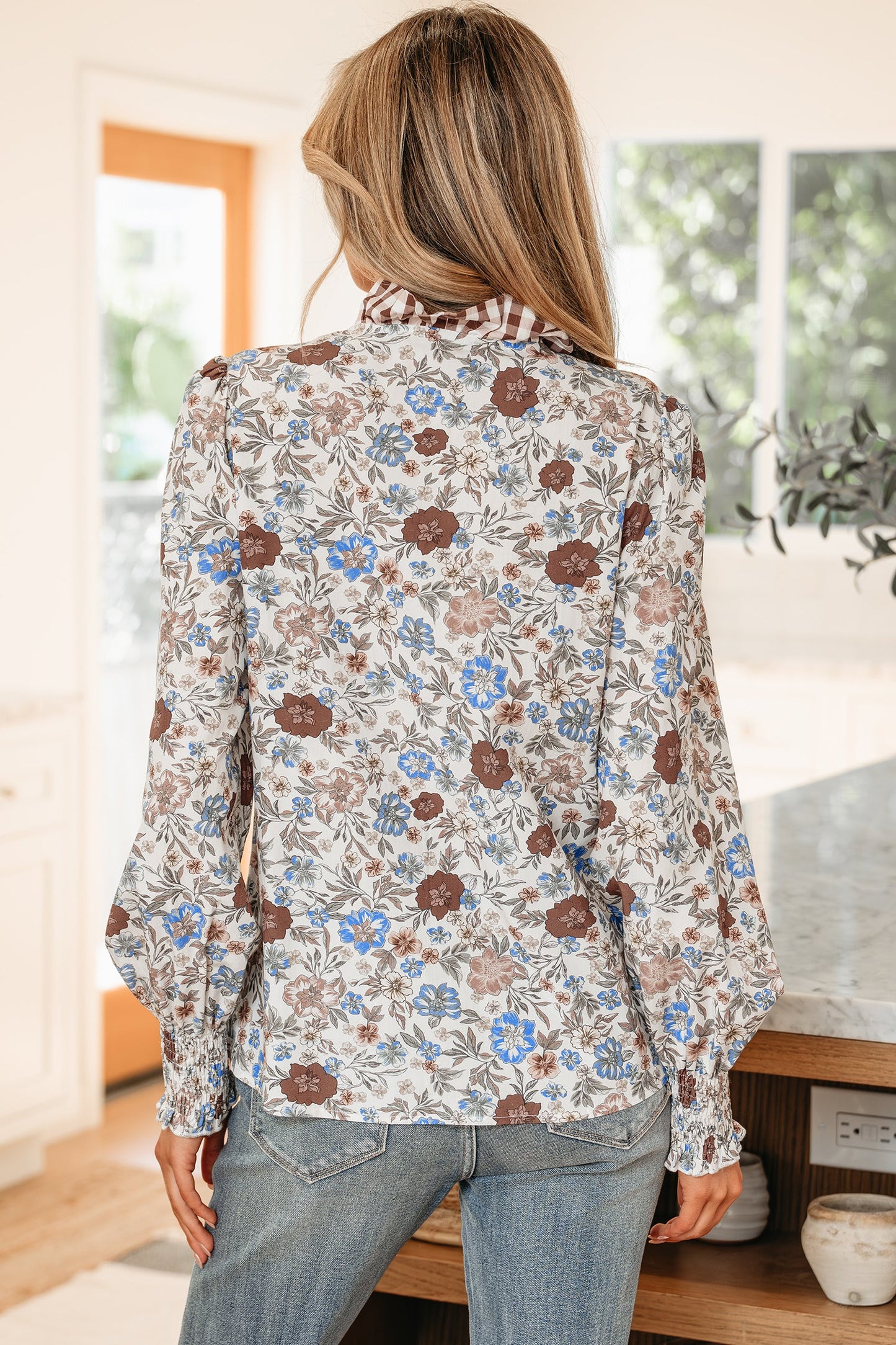 Floral Plaid Frilled Trim Long Sleeve Blouse