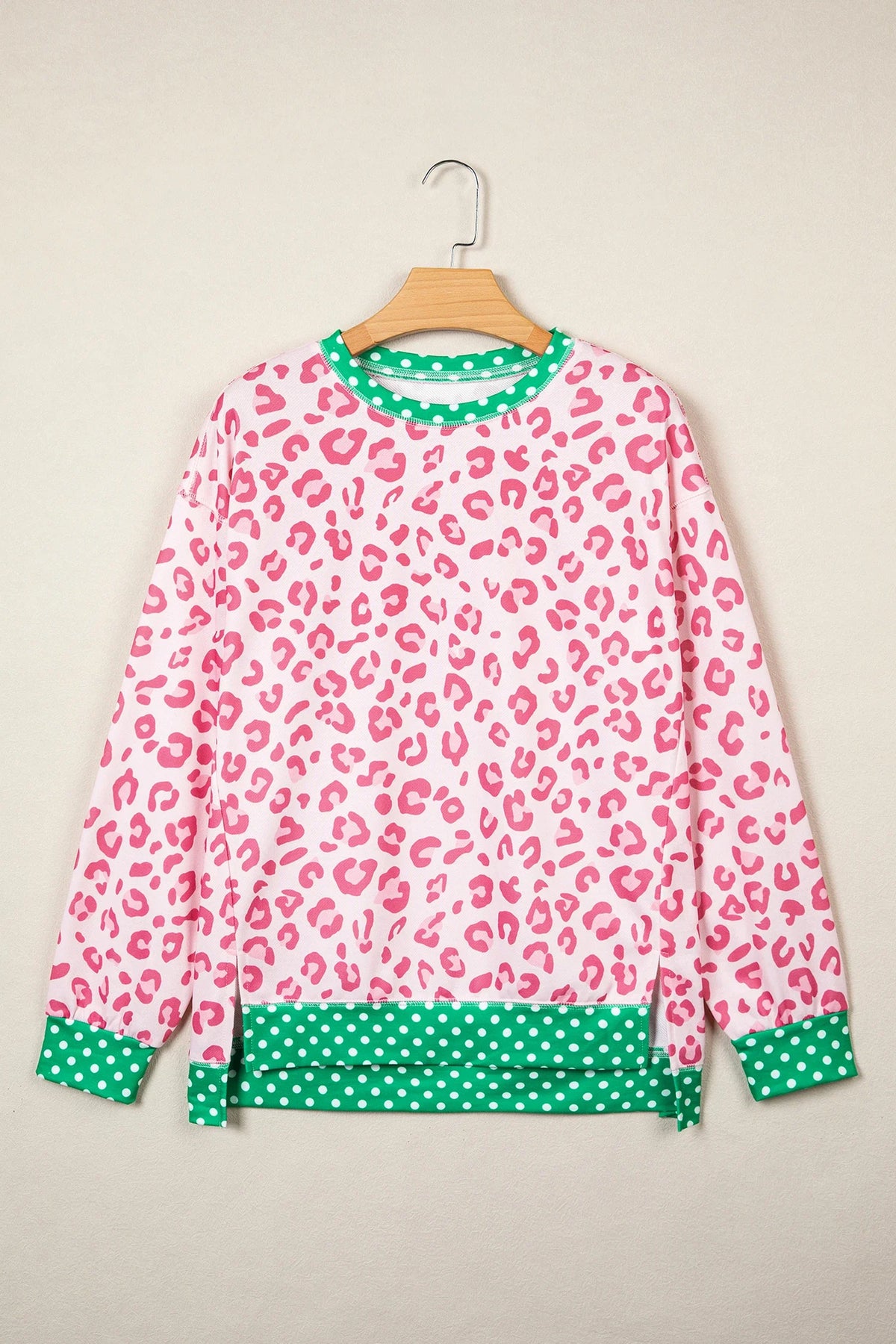 Leopard Polka Dot Colorblock Trim Long Sleeve Top