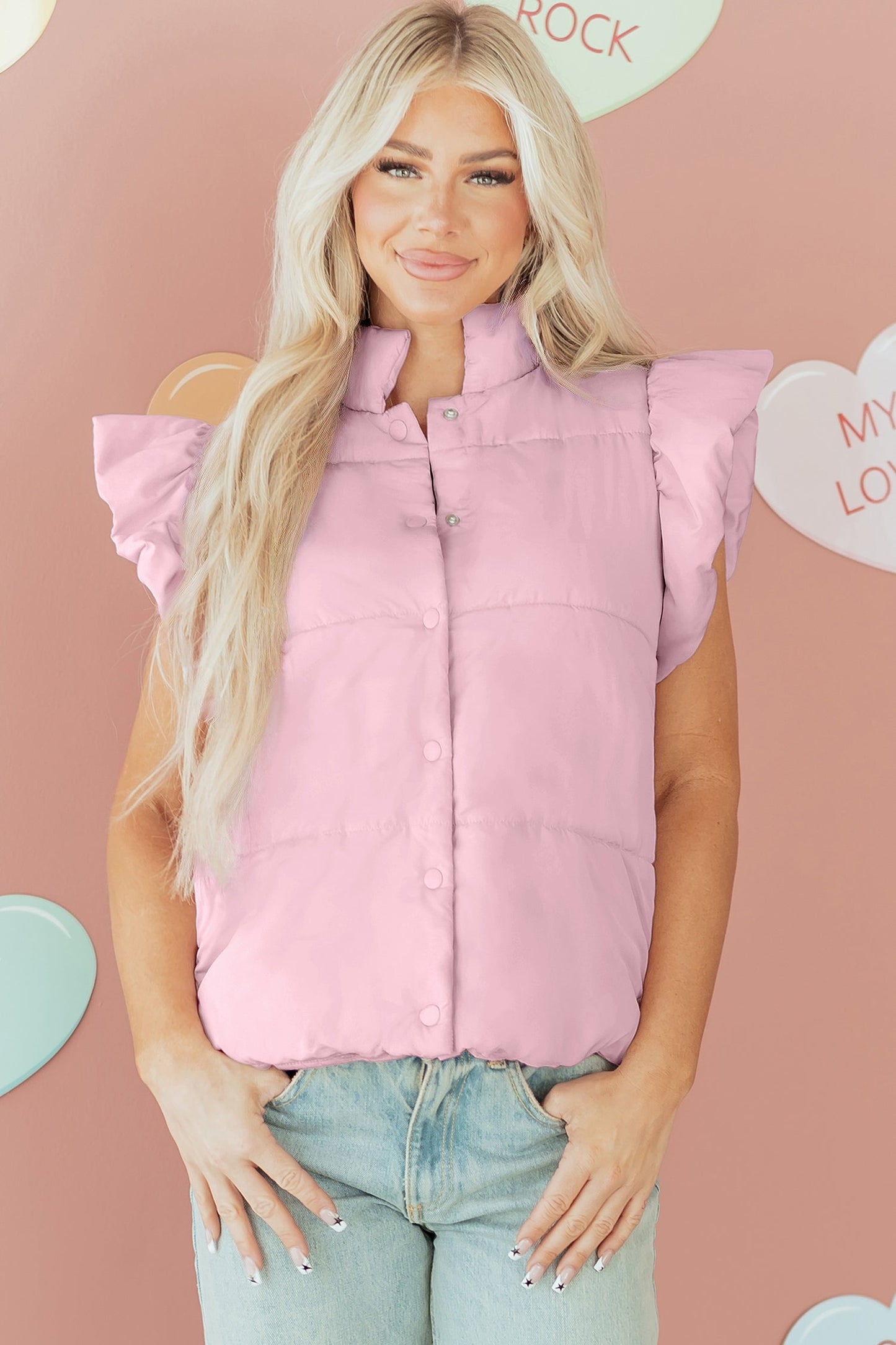 Solid Flutter Sleeve Snap Button Puffer Vest
