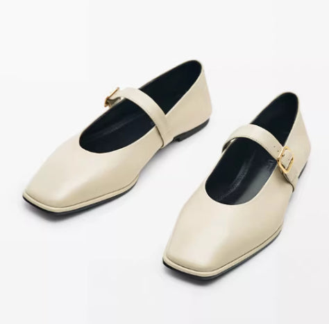 Genuine Leather Square-toe Flat Shoes For Women With Shallow Mouth And Single Strap
