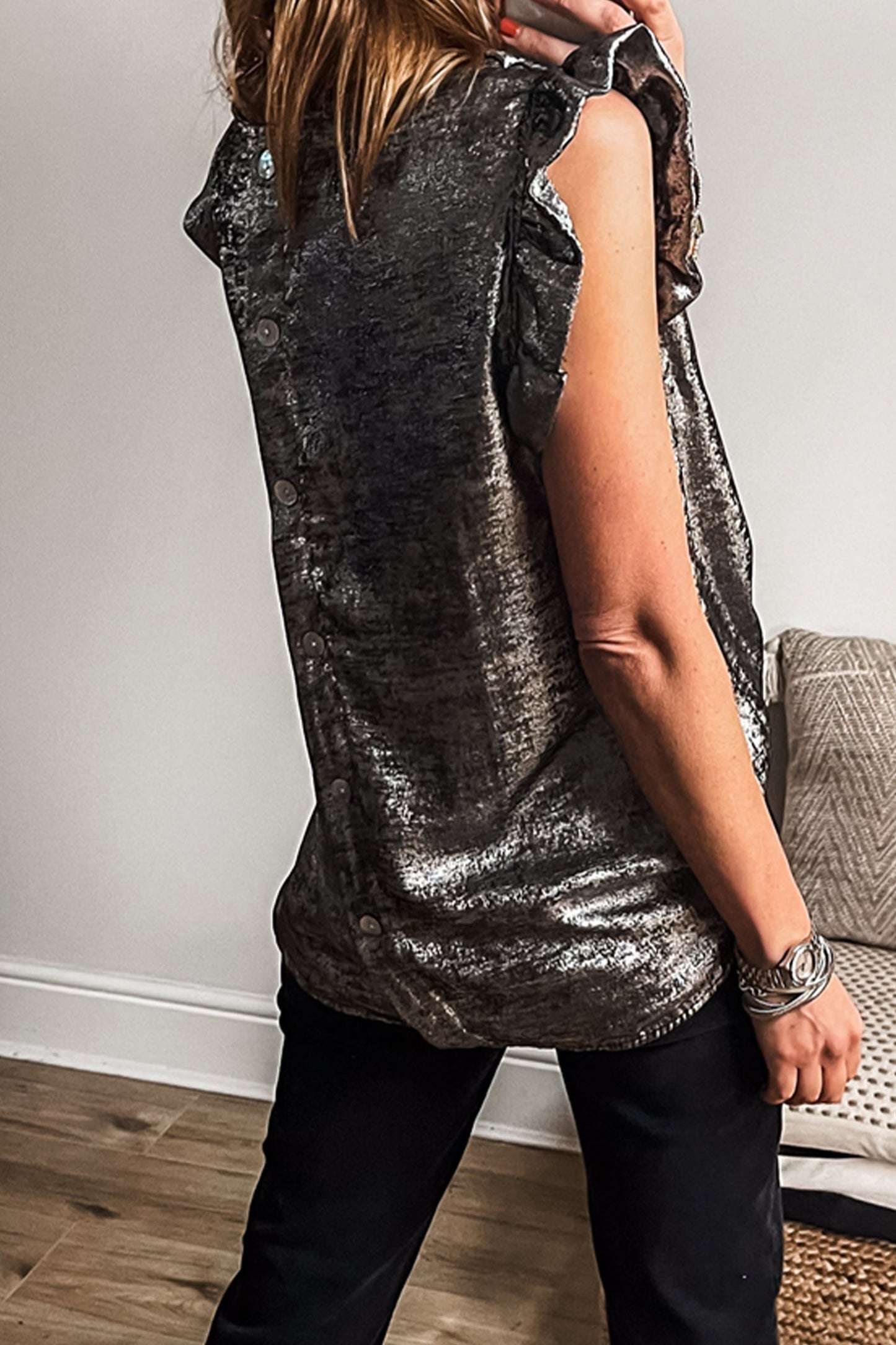 Metallic Ruffle Trim Sleeveless Round Neck Top
