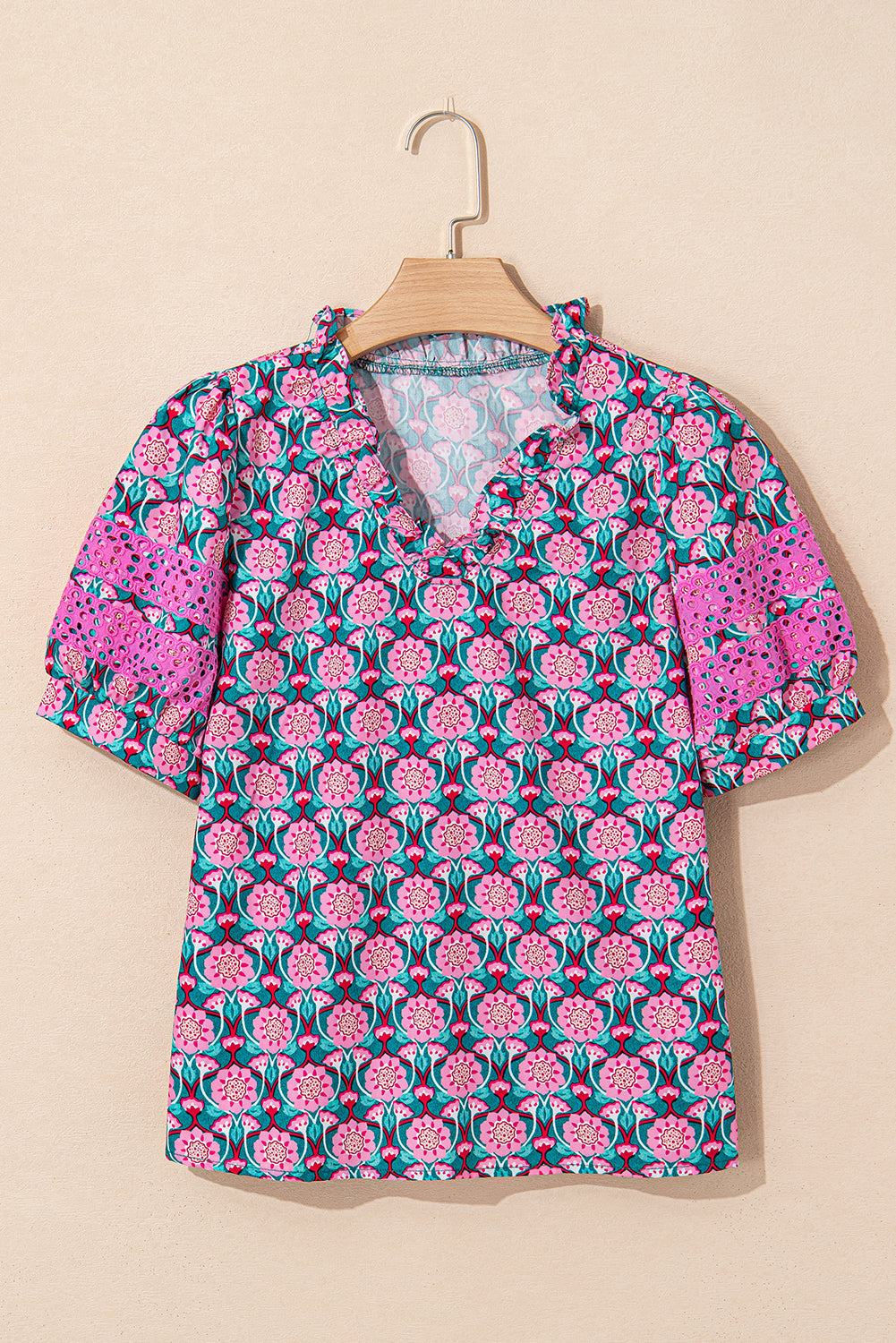 Floral Abstract V-Neck Ruffle Puff Sleeve Top