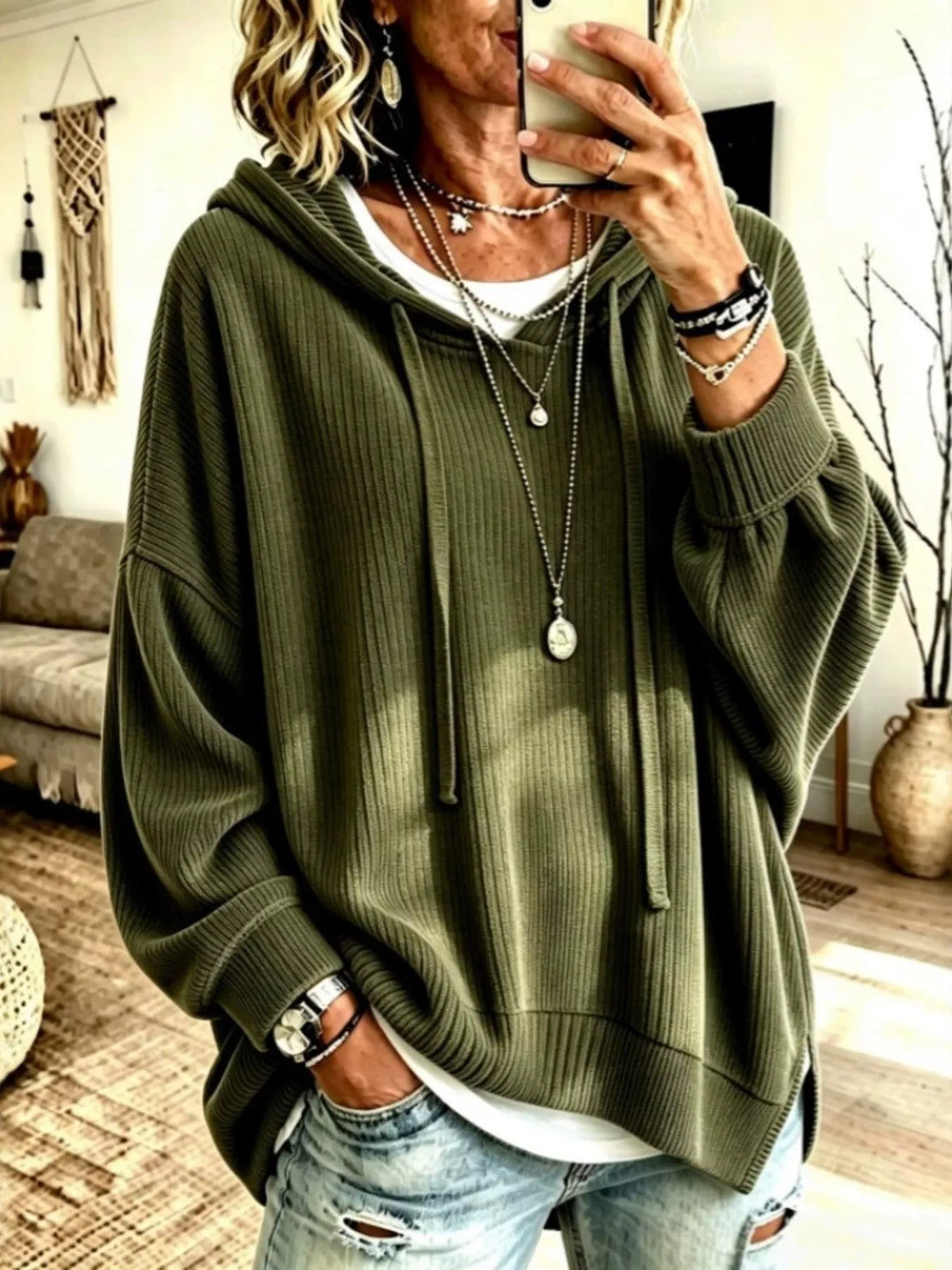 Drawstring Ribbed Knit Hoodie