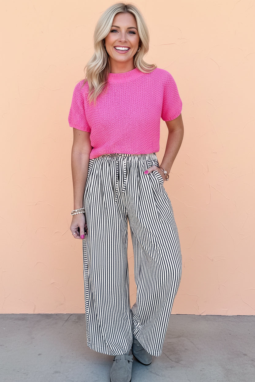 Stripe Wide Leg Elastic Drawstring Pants